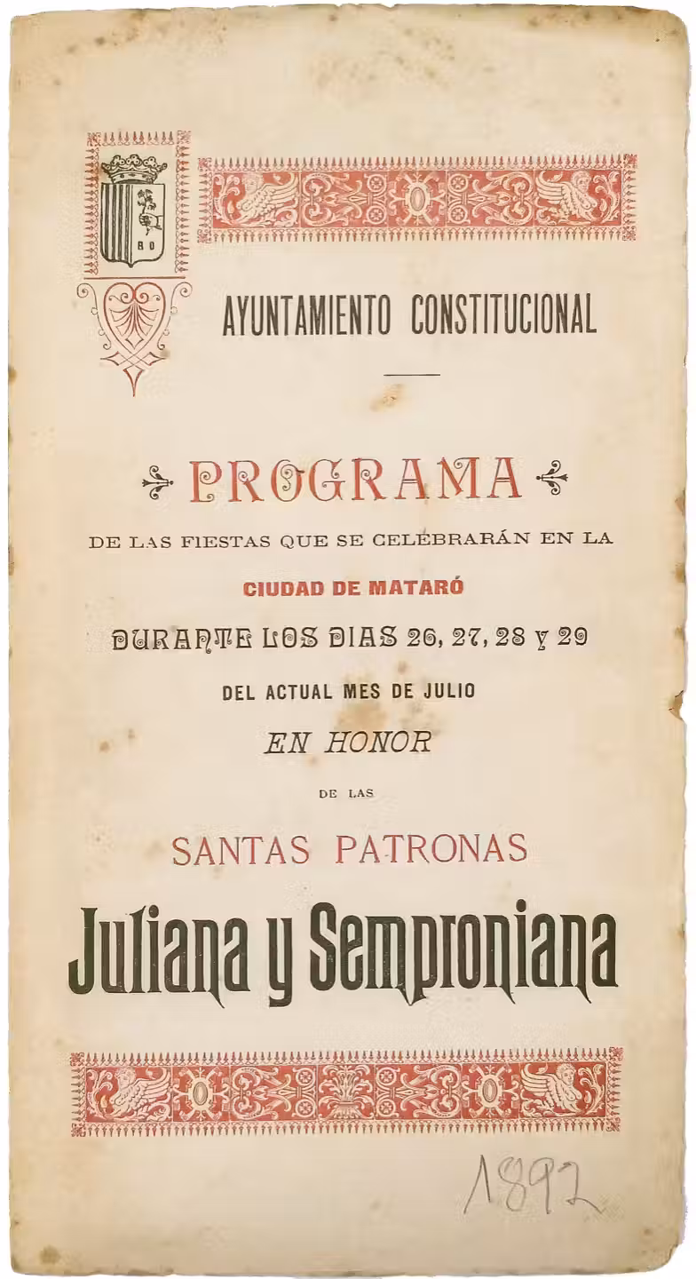 Cartell oficial de Les Santes 1892 · Festa Major de Mataró